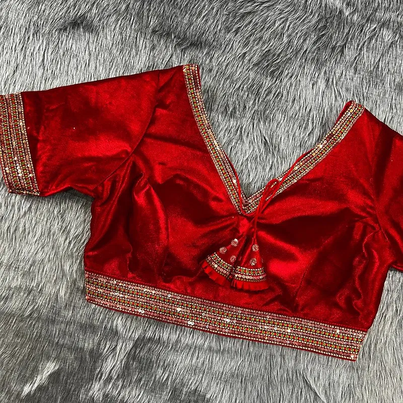 Red velvet heavy embroidery bridal wedding blouse