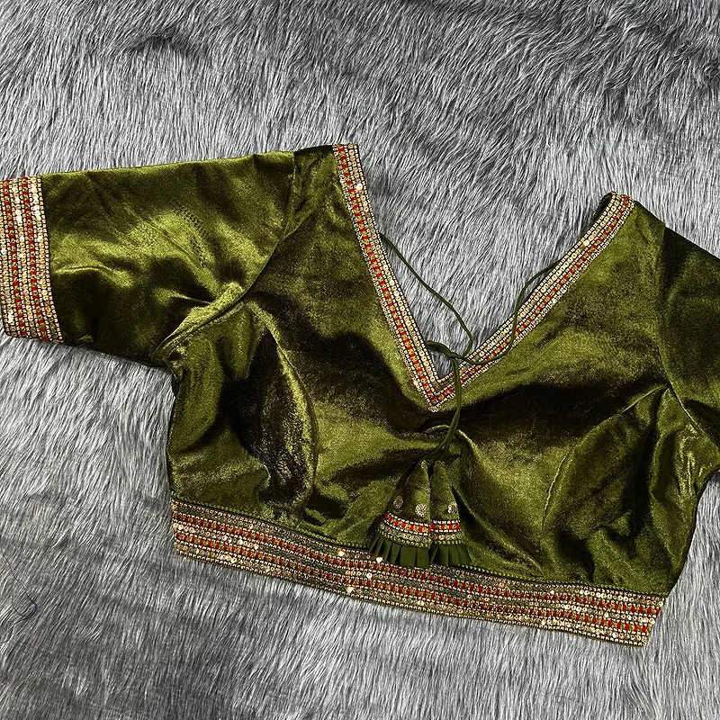 Mehndi color velvet heavy embroidery bridal wedding blouse
