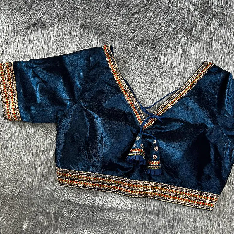 Blue color velvet heavy embroidery bridal wedding blouse