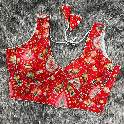 Red Color Floral Digital Print With Aari Work Silk Blouse