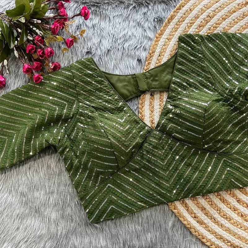 Mehndi Color Deep Neck Partywear Blouse with Stunning Embroidery & Sequence Work