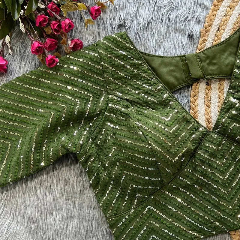 Mehndi Color Deep Neck Partywear Blouse with Stunning Embroidery & Sequence Work