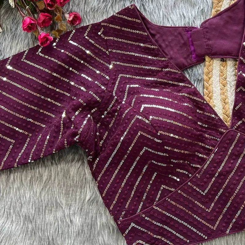 Voilet  Color Deep Neck Partywear Blouse with Stunning Embroidery & Sequence Work