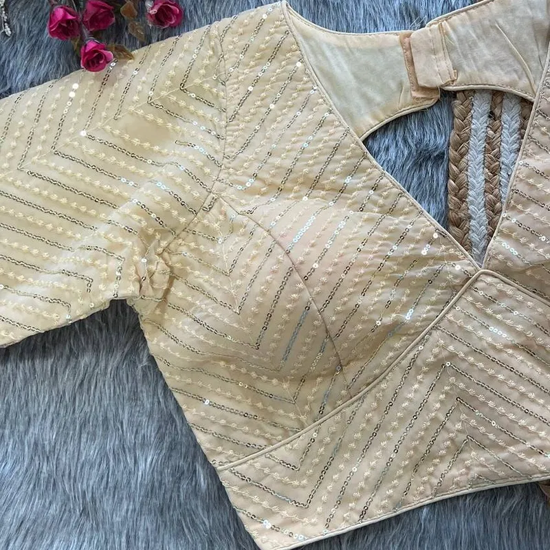 Cream Color Deep Neck Partywear Blouse with Stunning Embroidery & Sequence Work