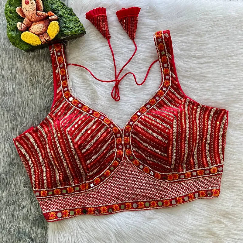 Red Color Heavy Mirror Work Velvet Blouse