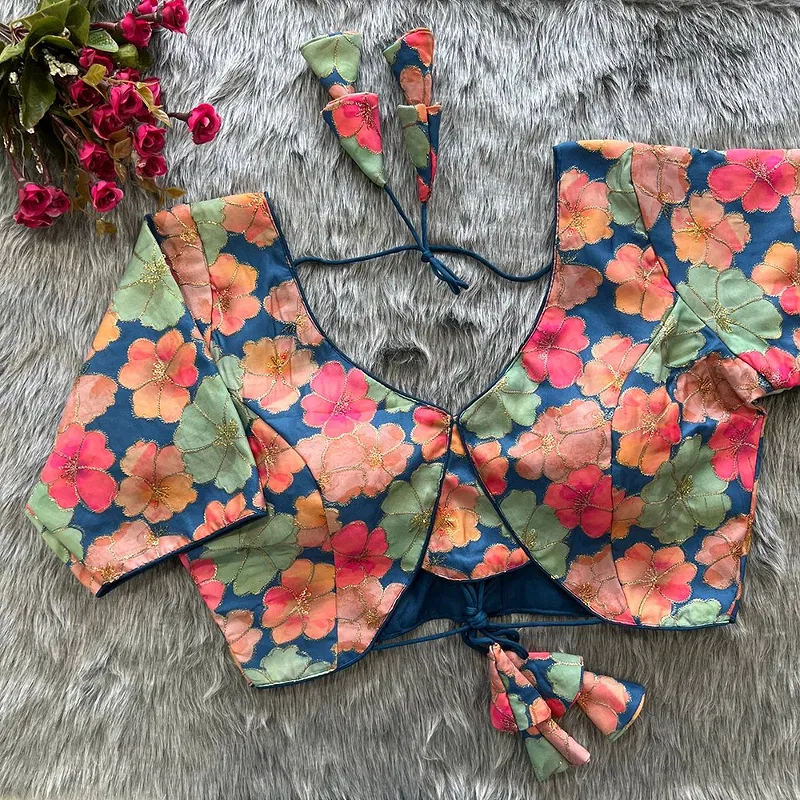 Blue Color Heavy Embroidery Malai Silk Partywear Blouse with Stunning Back Open Design