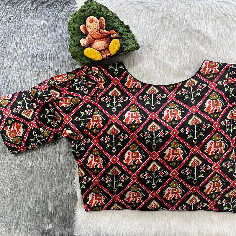 Black Puff Sleeve Patola Print Cotton Blouse