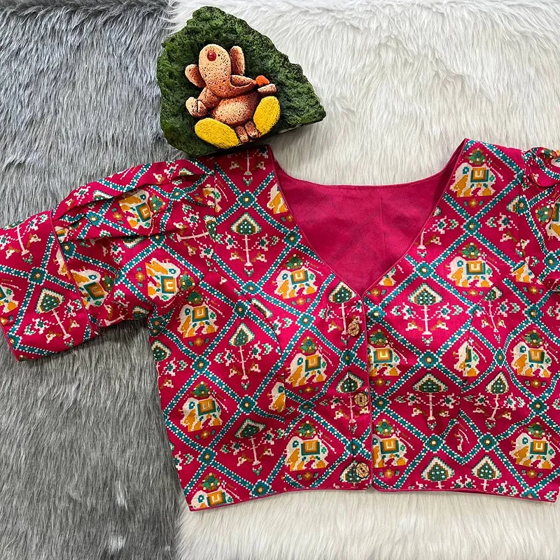 Pink Puff Sleeve Patola Print Cotton Blouse