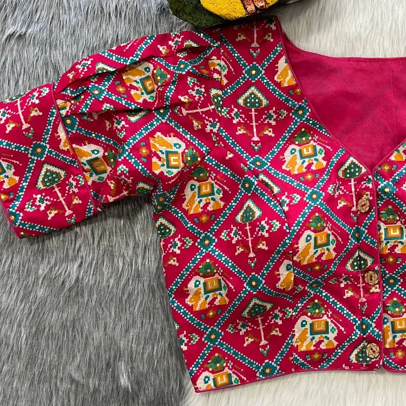 Pink Puff Sleeve Patola Print Cotton Blouse