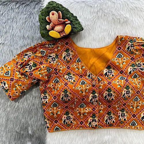 Orange Puff Sleeve Patola Print Cotton Blouse