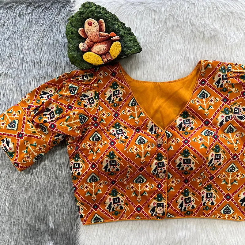 Orange Puff Sleeve Patola Print Cotton Blouse