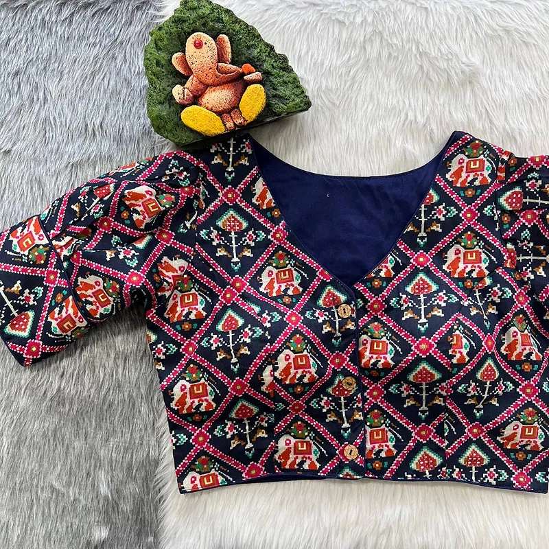 Blue Puff Sleeve Patola Print Cotton Blouse