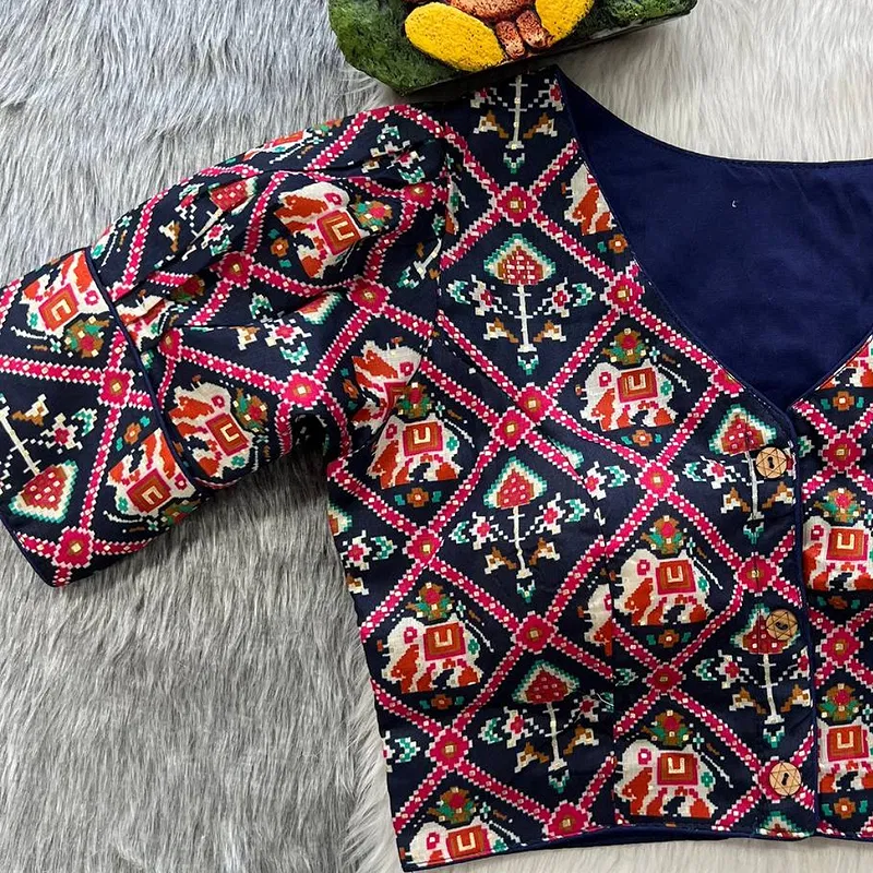 Blue Puff Sleeve Patola Print Cotton Blouse