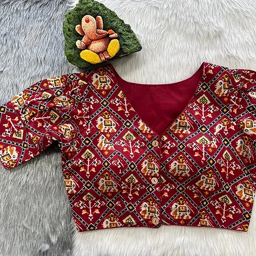 Red Puff Sleeve Patola Print Cotton Blouse