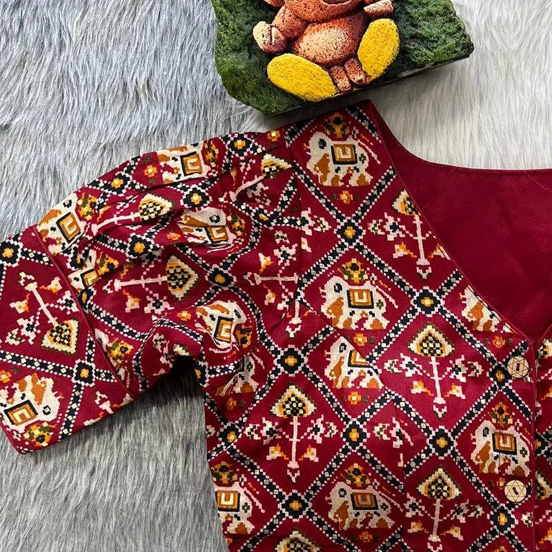 Red Puff Sleeve Patola Print Cotton Blouse