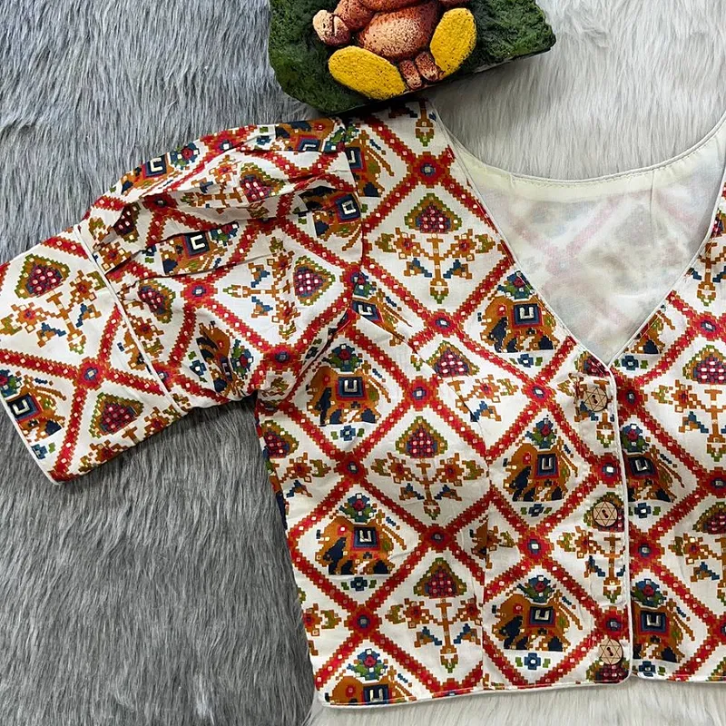Off White Puff Sleeve Patola Print Cotton Blouse