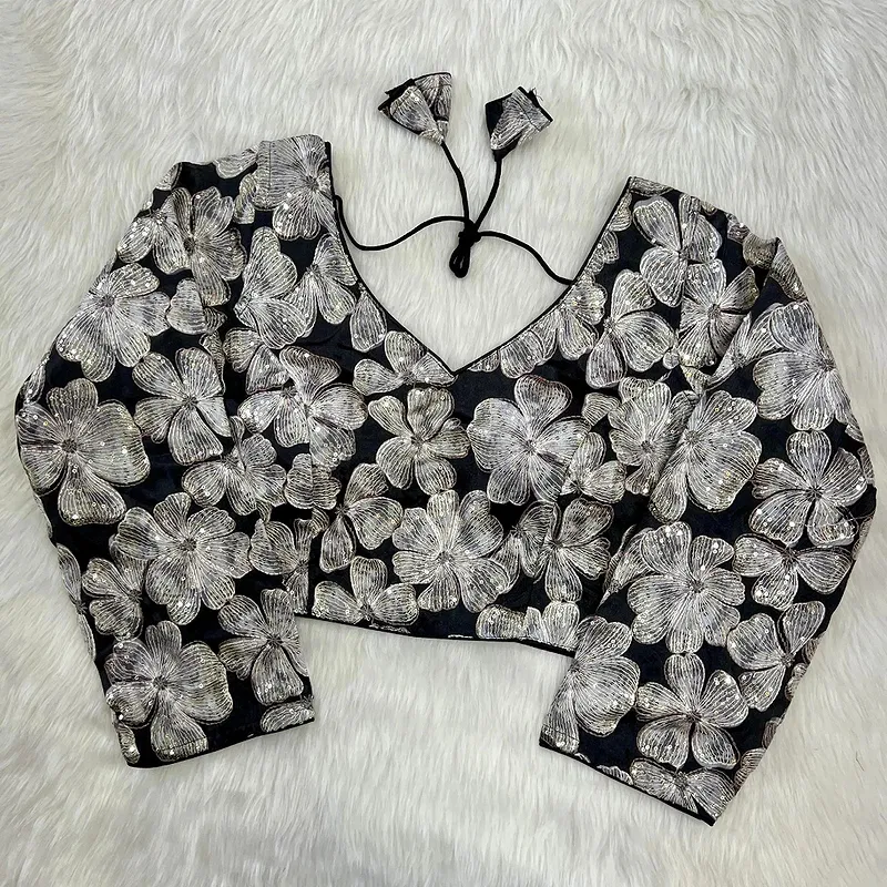 Black Color Pure Chinon Position Print Blouse with Open-Back Design