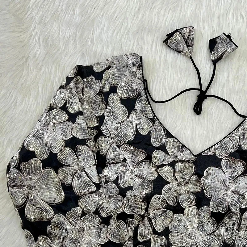 Black Color Pure Chinon Position Print Blouse with Open-Back Design