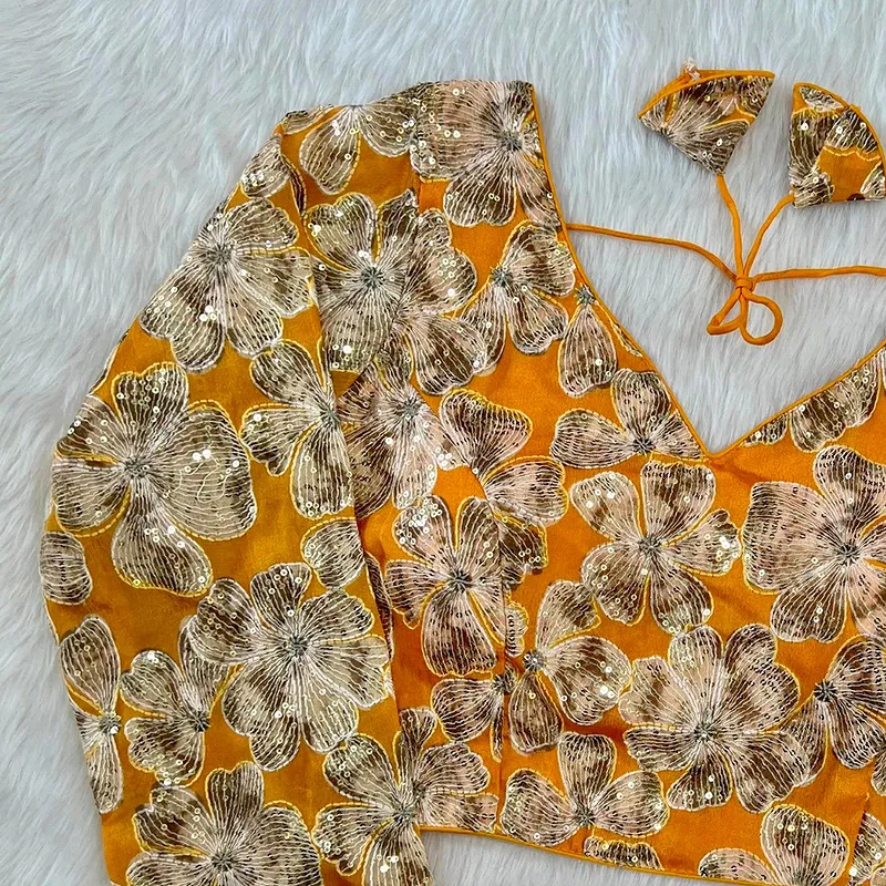 Mustard Color Pure Chinon Position Print Blouse with Open-Back Design