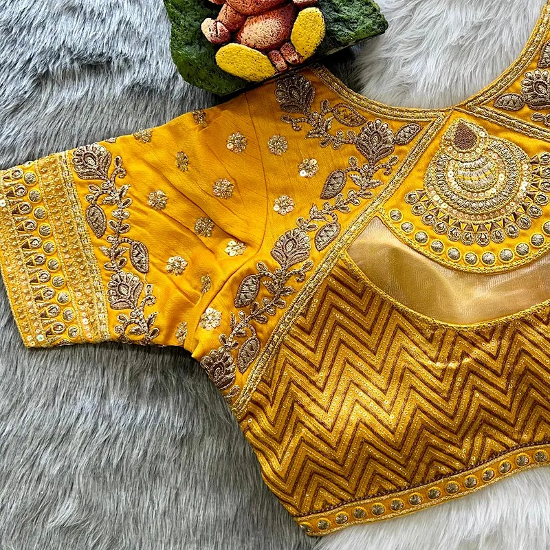Mustard Color Gold Jari & Rainbow Embroidery Wedding Blouse