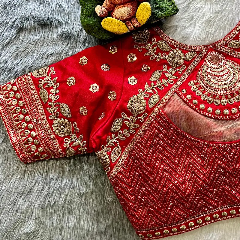 Red Color Gold Jari & Rainbow Embroidery Wedding Blouse