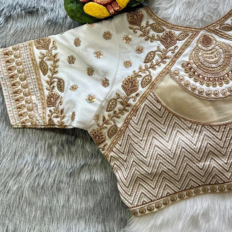 White Color Gold Jari & Rainbow Embroidery Wedding Blouse