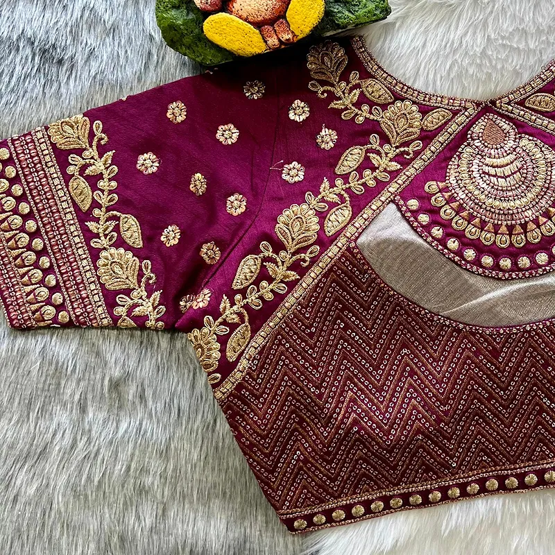Wine Color Gold Jari & Rainbow Embroidery Wedding Blouse