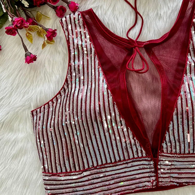 Maroon Color Heavy Imported Net Deep Neck Partywear Blouse