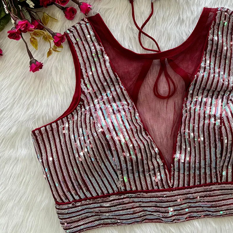 Wine Color Heavy Imported Net Deep Neck Partywear Blouse