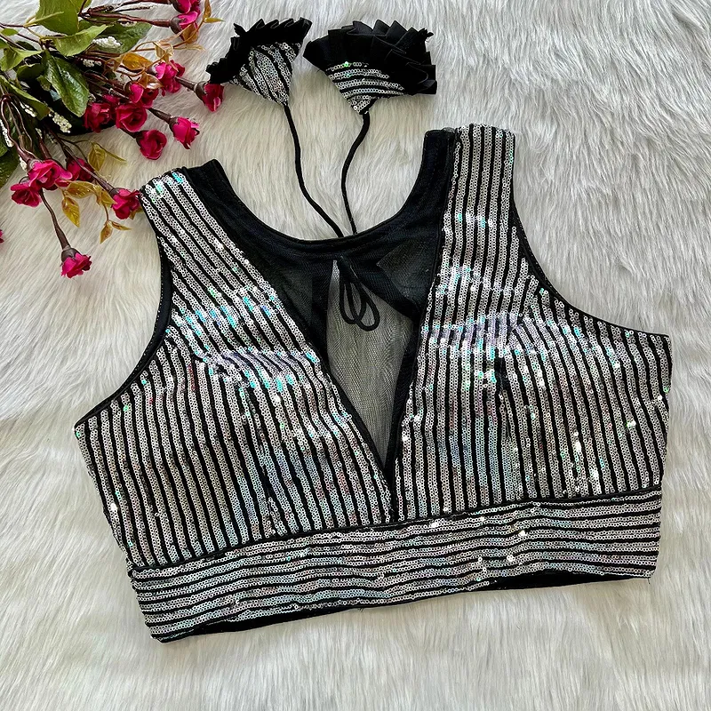 Black Color Heavy Imported Net Deep Neck Partywear Blouse