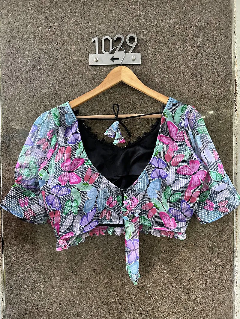 Multi Color Flower Designer Georgette Crochet With Sequence Blouse