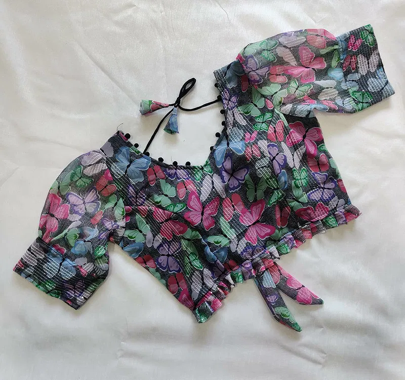 Multi Color Flower Designer Georgette Crochet With Sequence Blouse