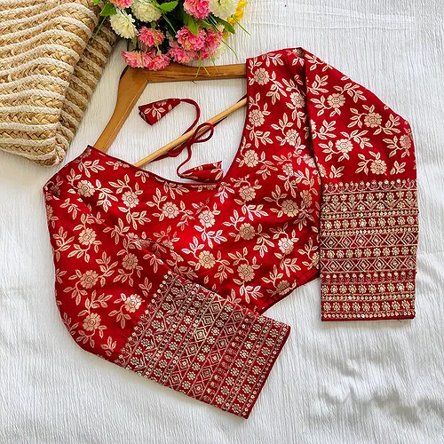 Red Beautiful Golden Zari Work Long Sleeves Blouse