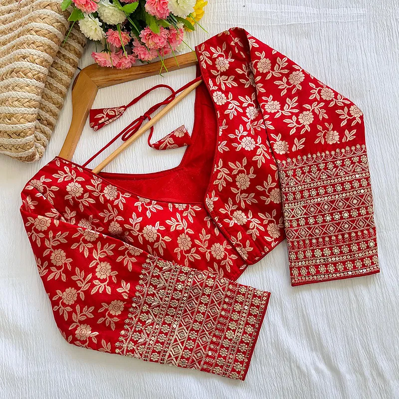 Red Beautiful Golden Zari Work Long Sleeves Blouse