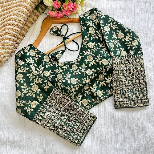 Green Beautiful Golden Zari Work Long Sleeves Blouse