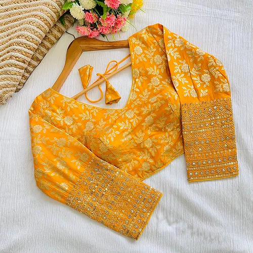 Yellow Beautiful Golden Zari Work Long Sleeves Blouse