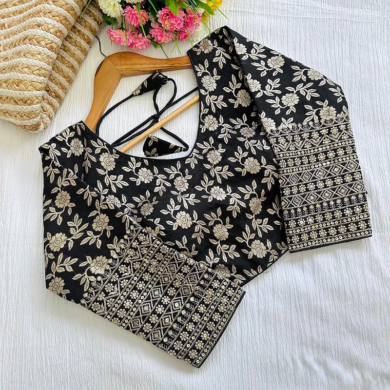 Black Beautiful Golden Zari Work Long Sleeves Blouse