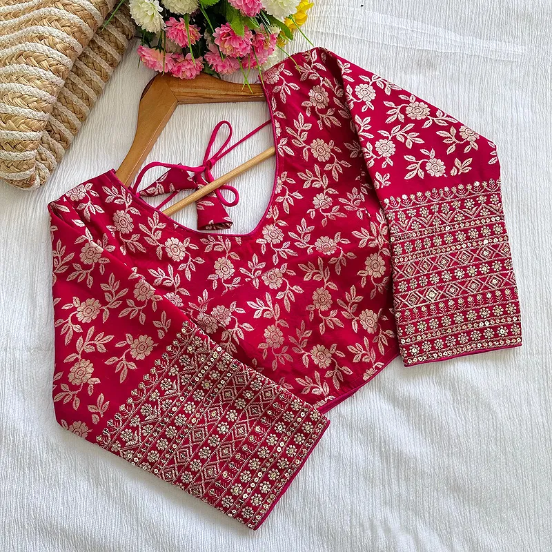 Pink Beautiful Golden Zari Work Long Sleeves Blouse