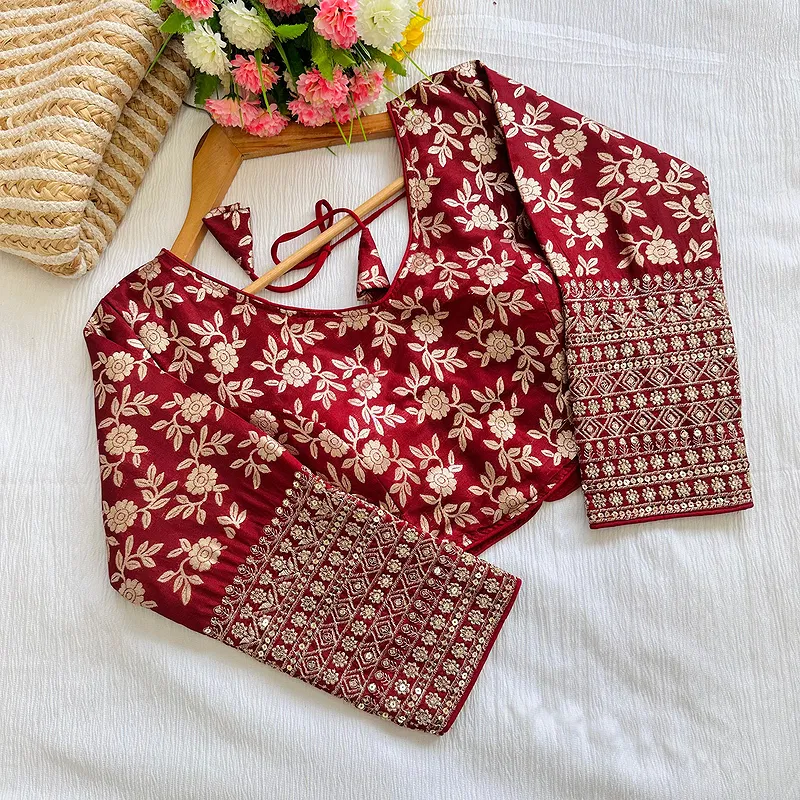 Maroon Beautiful Golden Zari Work Long Sleeves Blouse