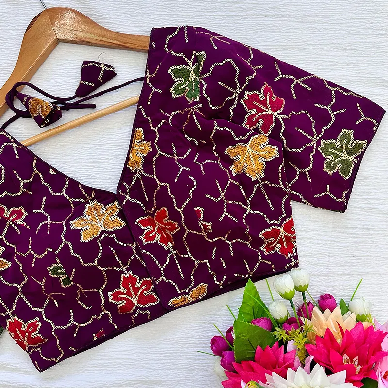 Wine Color Georgette Silk Blouse with Vibrant Embroidery