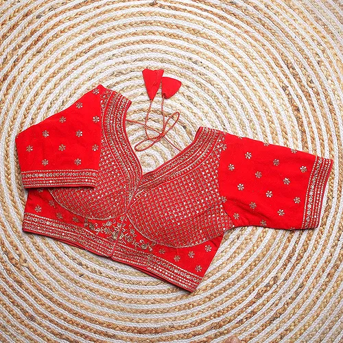Red Color Blouse with Heavy Embroidery and Sequin Touch-Up