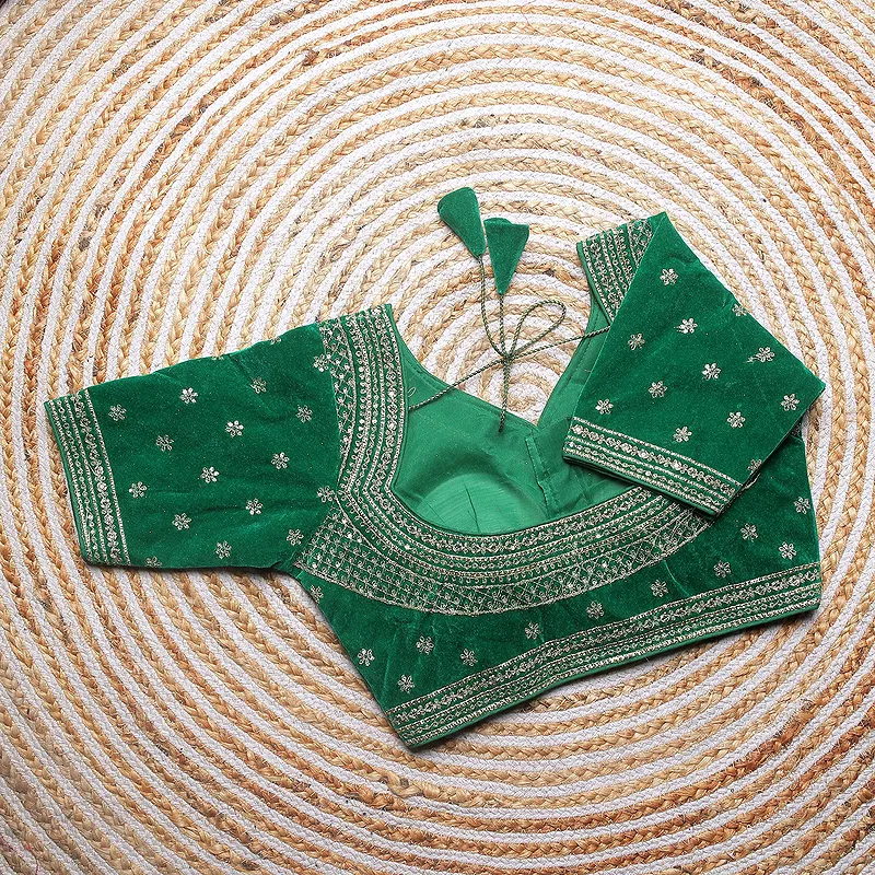 Green Color Blouse with Heavy Embroidery and Sequin Touch-Up