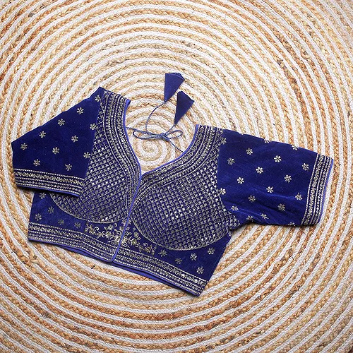 Blue Color Blouse with Heavy Embroidery and Sequin Touch-Up