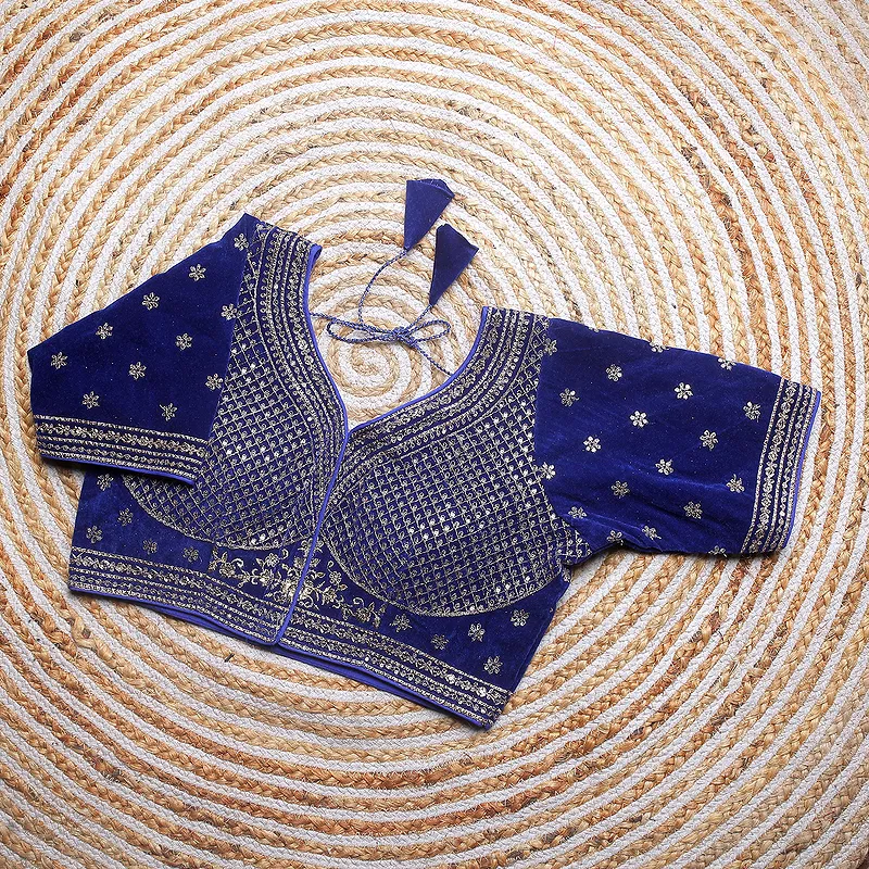 Blue Color Blouse with Heavy Embroidery and Sequin Touch-Up