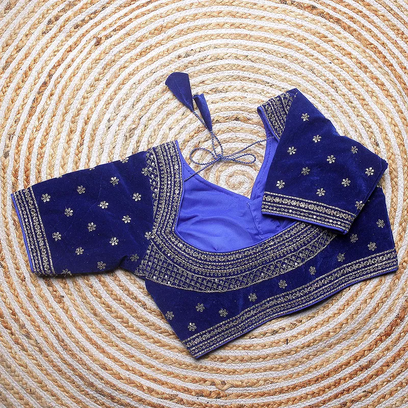 Blue Color Blouse with Heavy Embroidery and Sequin Touch-Up