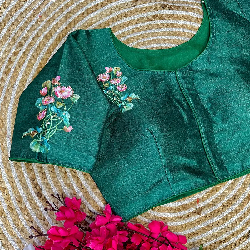 Green Color Antique Handcrafted Print Blouse for Comfortable Style