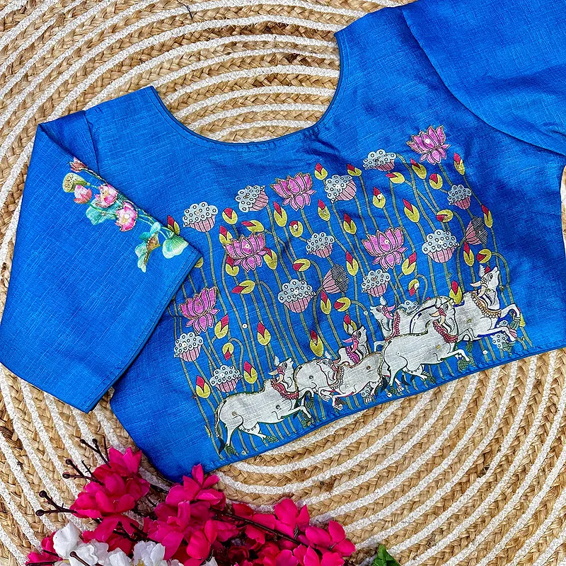 Blue Color Antique Handcrafted Print Blouse for Comfortable Style