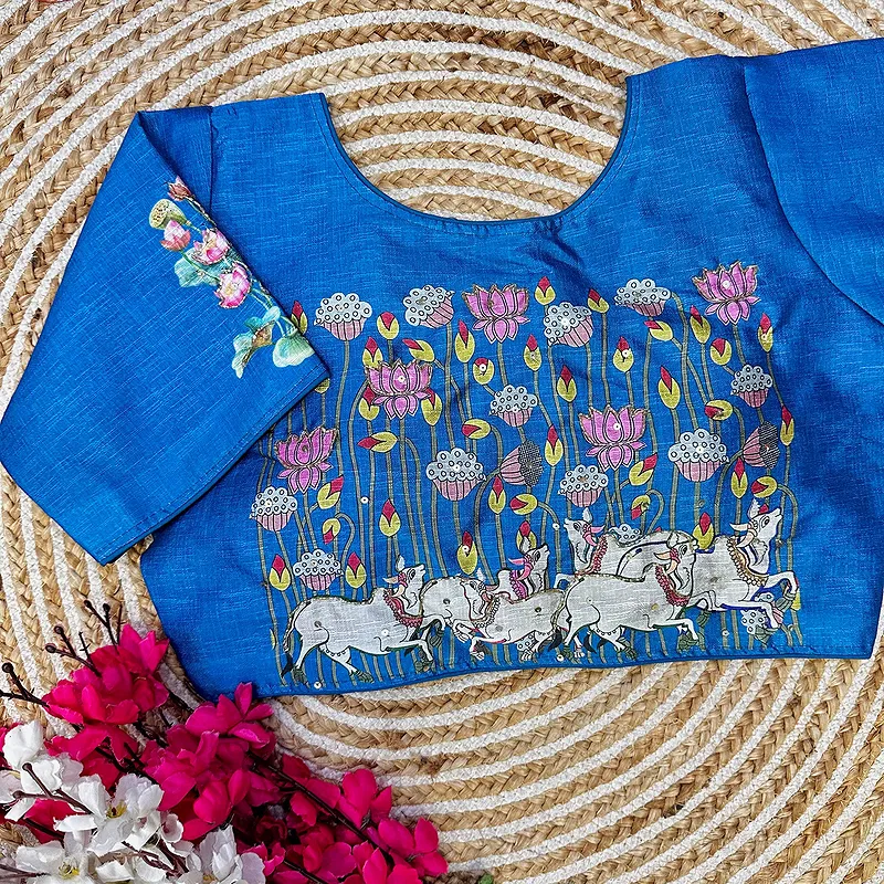 Blue Color Antique Handcrafted Print Blouse for Comfortable Style