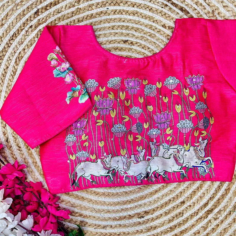 Dark Pink Color Antique Handcrafted Print Blouse for Comfortable Style