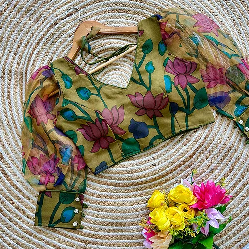 Mehndi Color Organza Designer Blouse for a Stylish Wardrobe